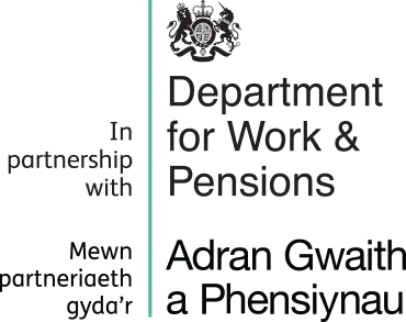 (English:) In partnership with Department for Work & Pensions (Cymraeg:) Adran Gwaith a Phensiynau